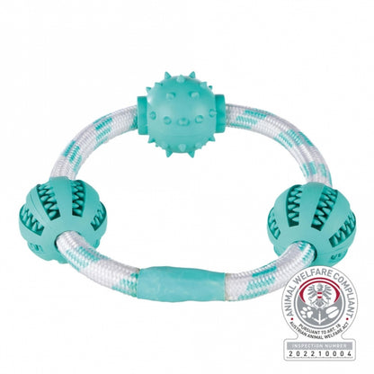 Trixie Denta Fun Seilring mit Bällen – Naturgummi mit Minzgeschmack, Fördert Zahnpflege, 20 cm